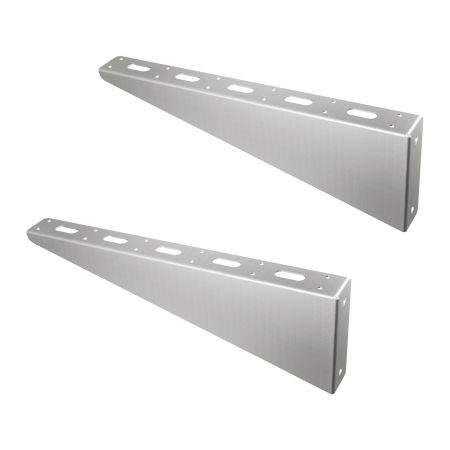 Pair of 18-inch galvanized steel bolt-on shelving brackets for shipping containers, featuring multiple mounting holes for adjustable height and 350 lb load capacity.
