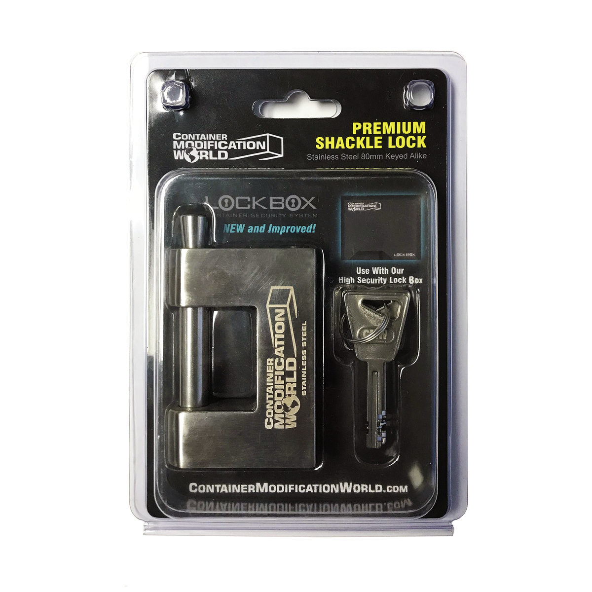Premium 80mm stainless steel shackle lock by Container Modification World, packaged with high-security key, labeled for use with shipping container lock boxes.