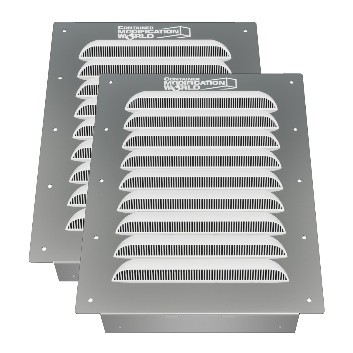 Set of two BigAir Louvered Container Vents with corrosion-resistant aluminum frame, designed for easy installation on shipping container walls, doors, or end panels to improve airflow and reduce heat and moisture