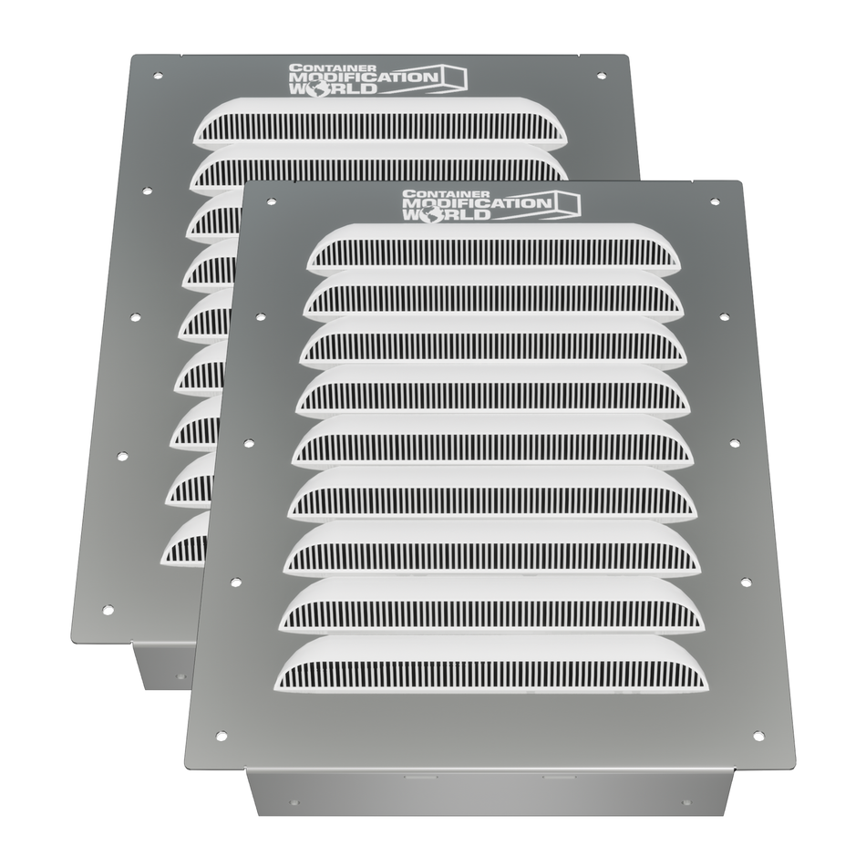 Set of two BigAir Louvered Container Vents with corrosion-resistant aluminum frame, designed for easy installation on shipping container walls, doors, or end panels to improve airflow and reduce heat and moisture