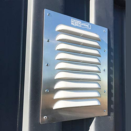 Installed BigAir Louvered Container Vent on a shipping container sidewall, showcasing its durable aluminum frame and angled louvers for airflow and moisture control.