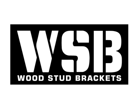 WSB logo with bold white text reading 'WSB' and 'WOOD STUD BRACKETS' beneath, set against a black background with a white border