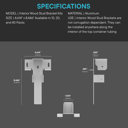 Interior Wood Stud Bracket Kit specifications showing dimensions, material, and usage for installation on shipping container interiors